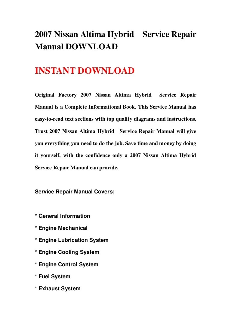 2007 Nissan Altima Hybrid Workshop Manual Download