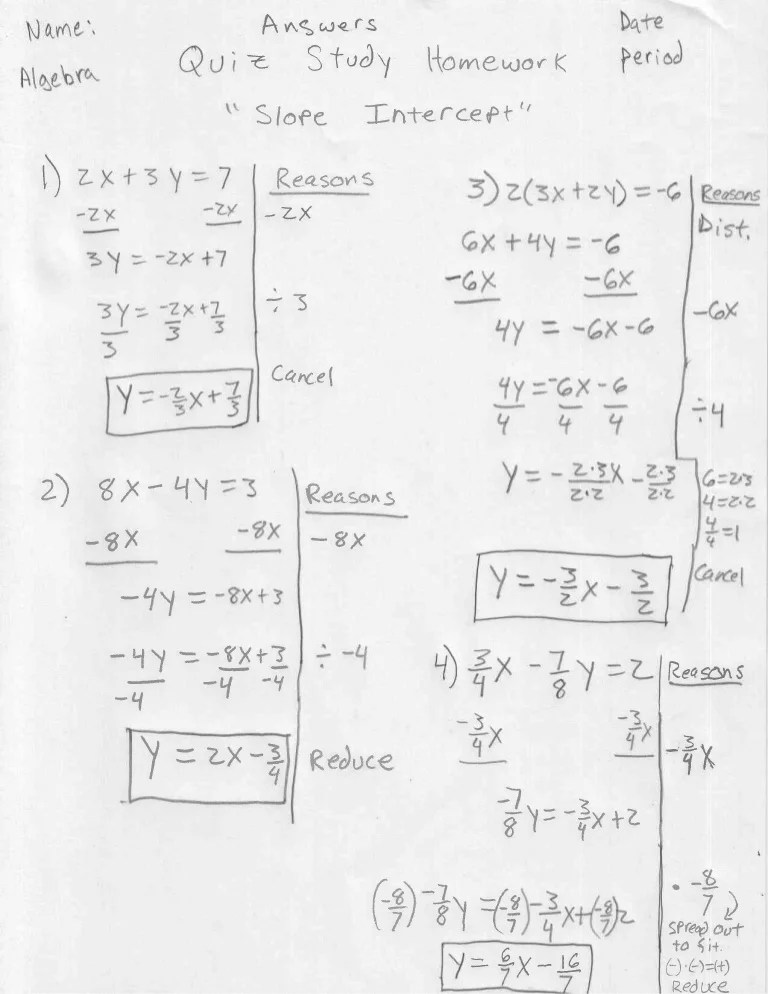 Answer Quiz Study Slope Intercept