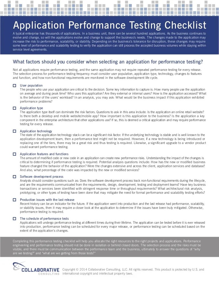 Application Performance Testing Checklist