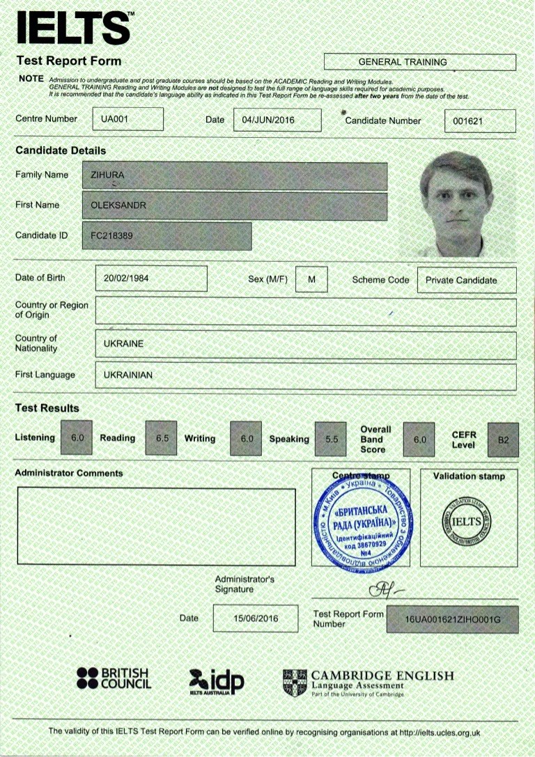 IELTS Test Report Form CEFR Level B2 Overall Band Score 6.0