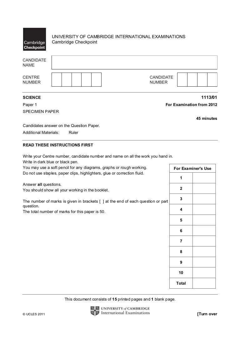 Cambridge checkpoint science p1 specimen 2012