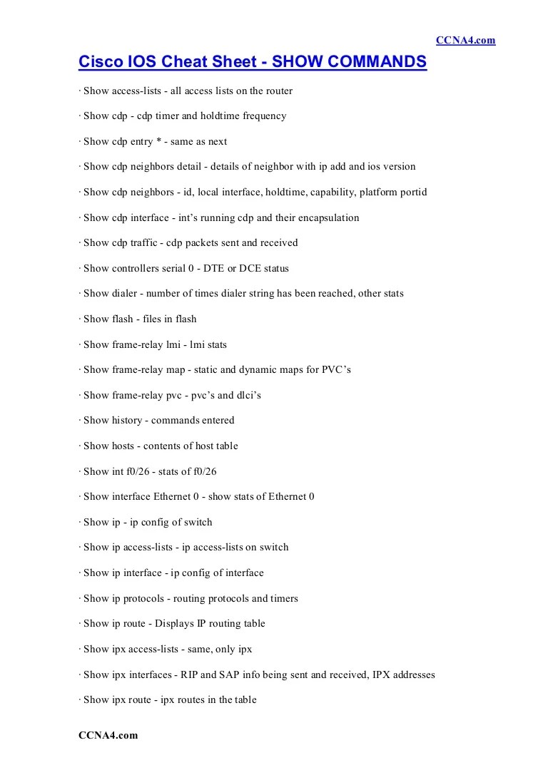 Cisco Ios Cheat Sheet Show Commands