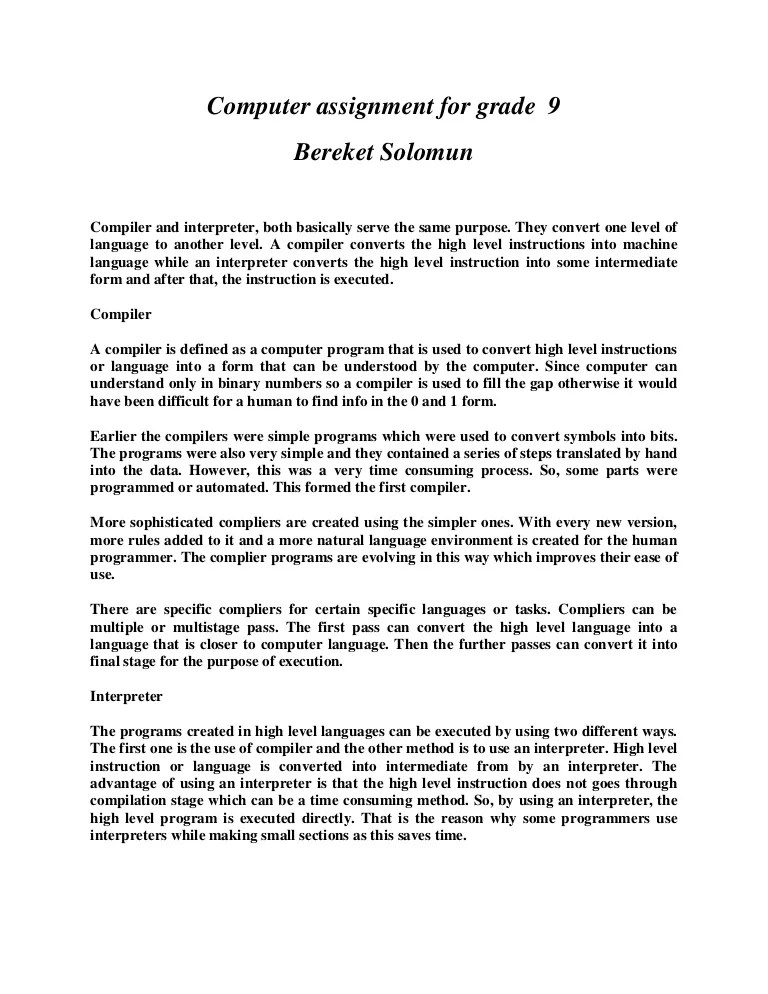 Computer assignment for grade 9