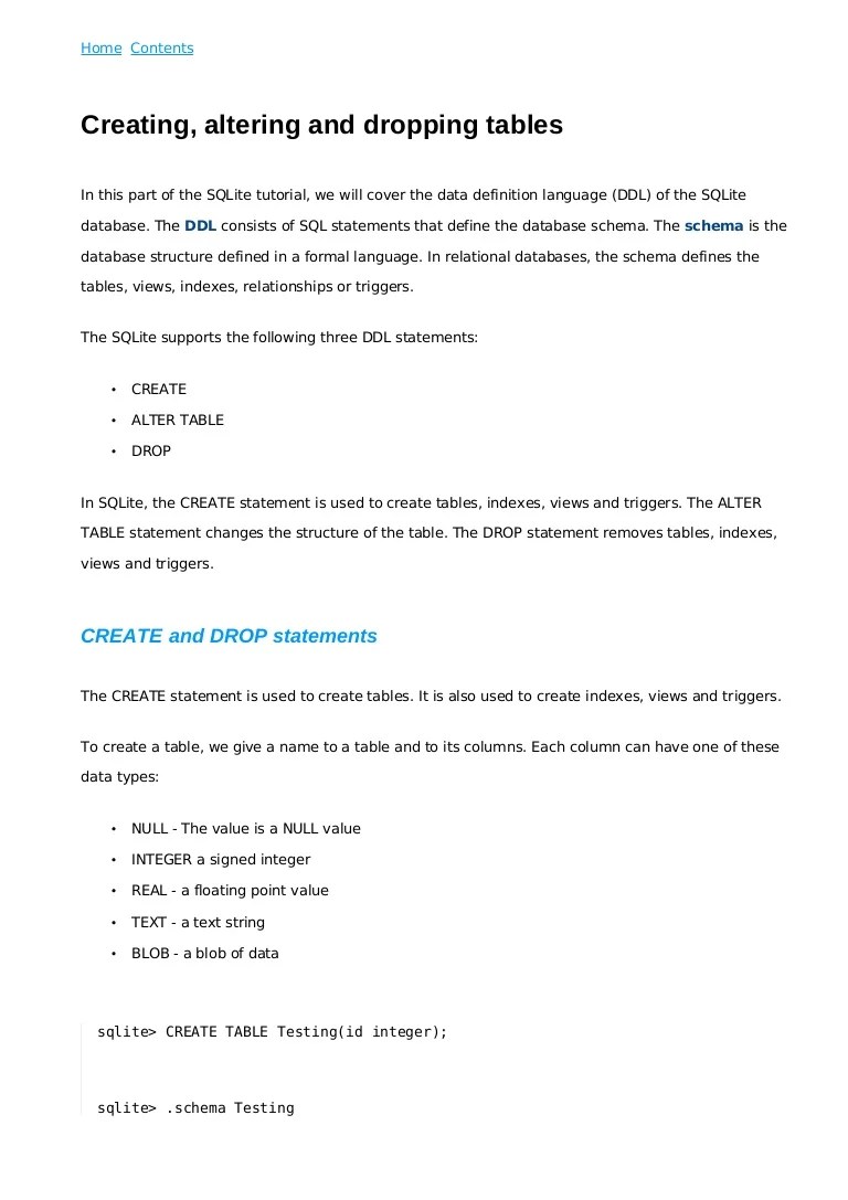 Creating, altering and dropping tables