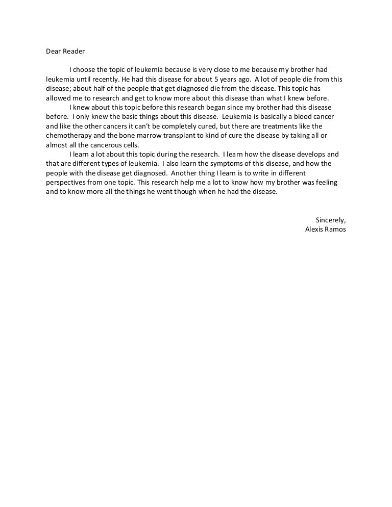Leukemia Dear Reader Letter
