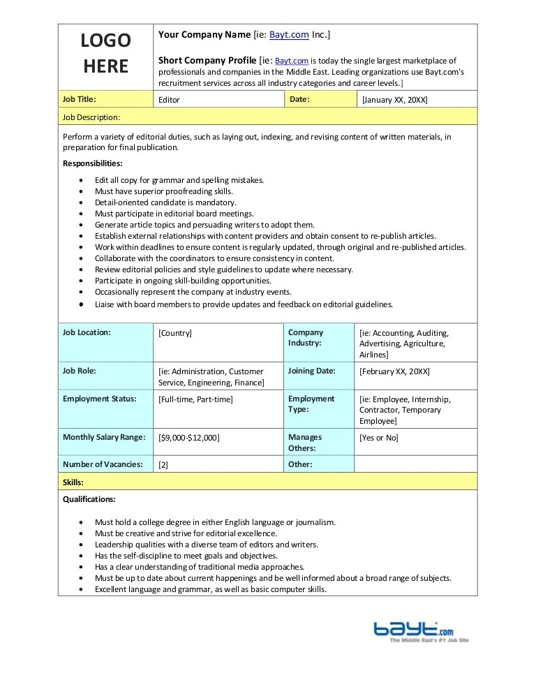 Editor Job Description Template by