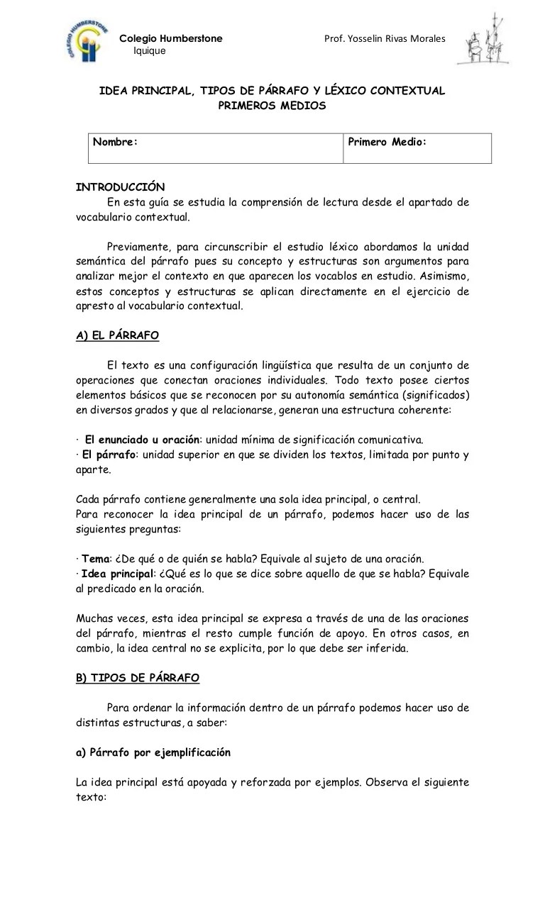 Ejercicios ideas principal, tipos de párrafos