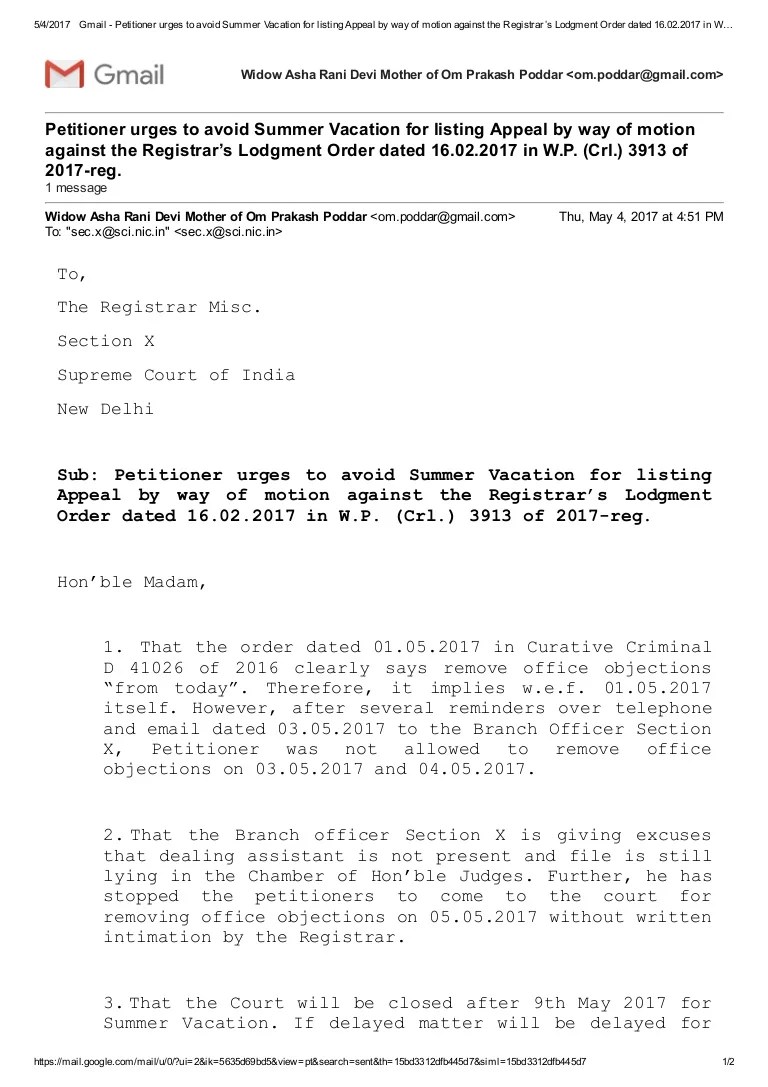 Email to Registrar Misc SC dated 04.05.2017