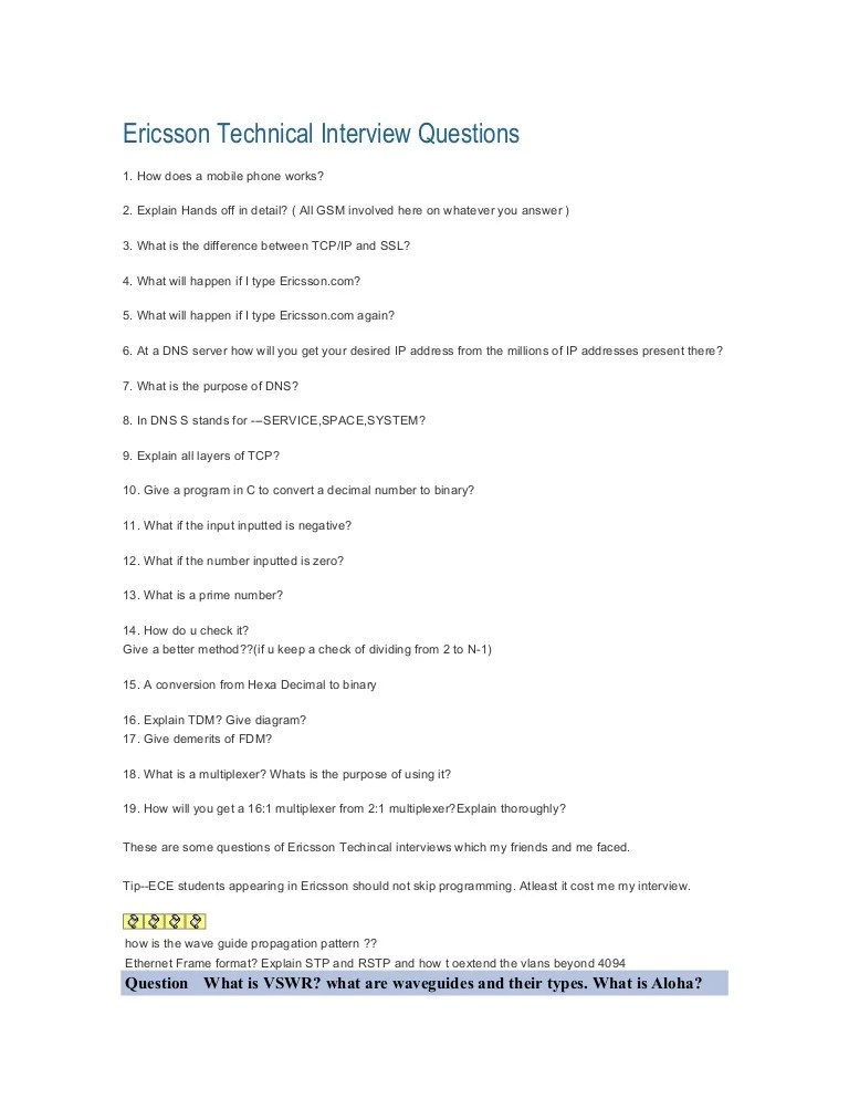 Ericsson technical interview questions