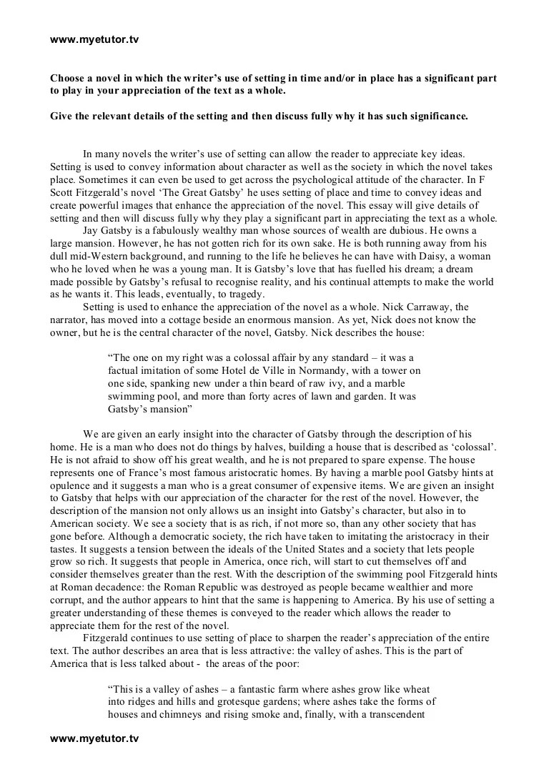 Higher English The Great Gatsby essay on setting