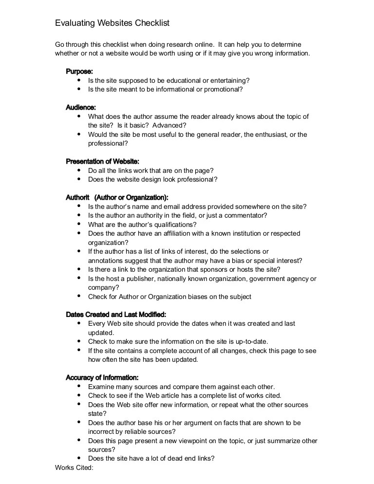 Evaluating Websites Checklist