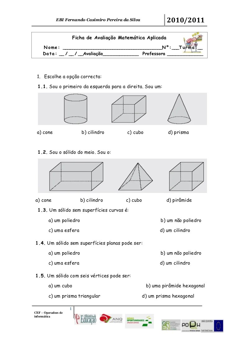 Ficha 1 áreas e volumes