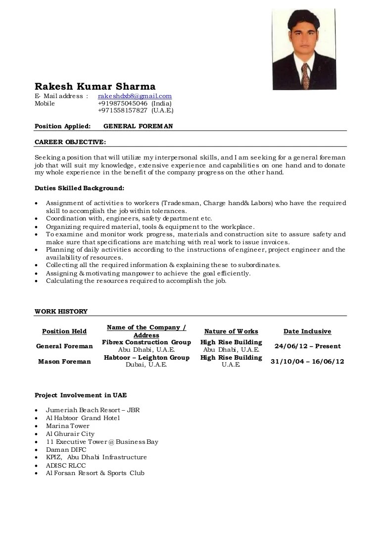 General foreman cv of rakesh