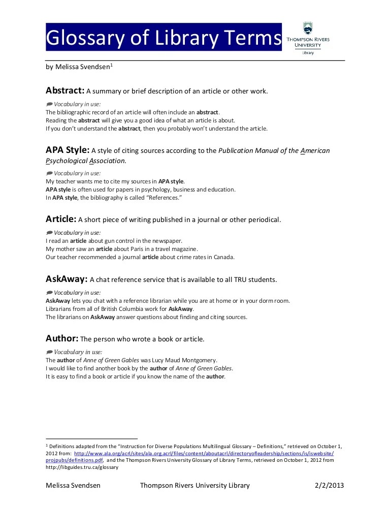 Glossary of Library Terms for ESAL Students