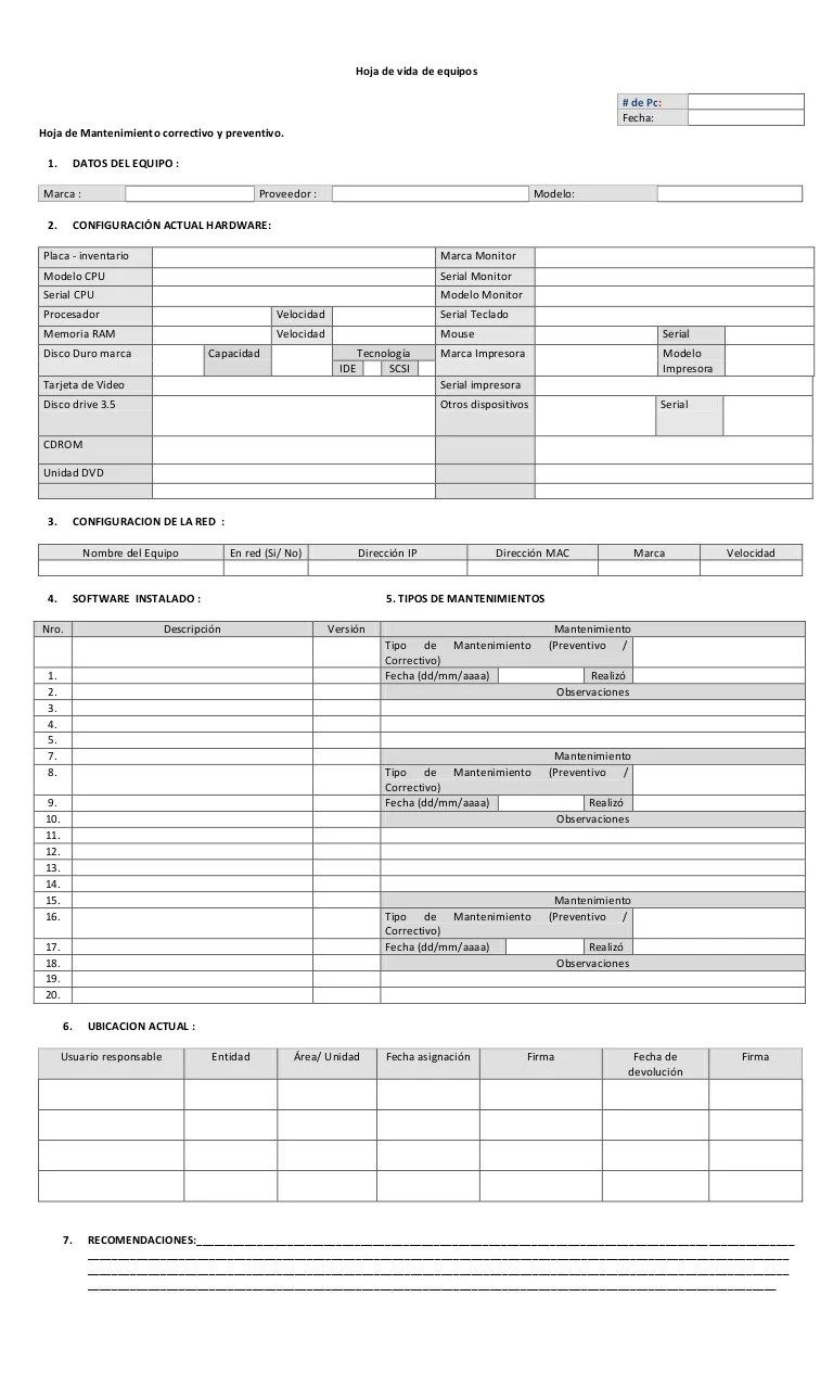 Formato Hoja De Vida De Una Maquina Noticias MÃ¡quina