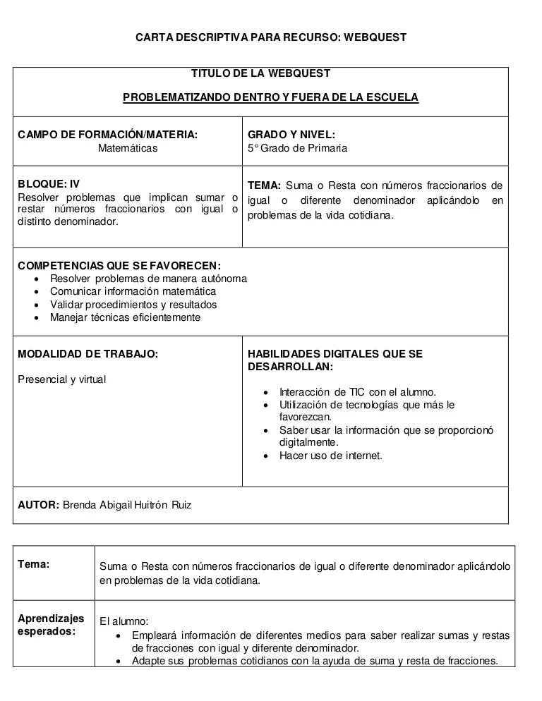 Carta descriptiva para webquest