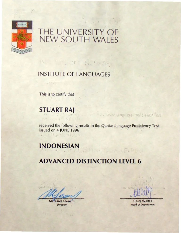 Indonesian unsw advanced distinction level 6 certificate