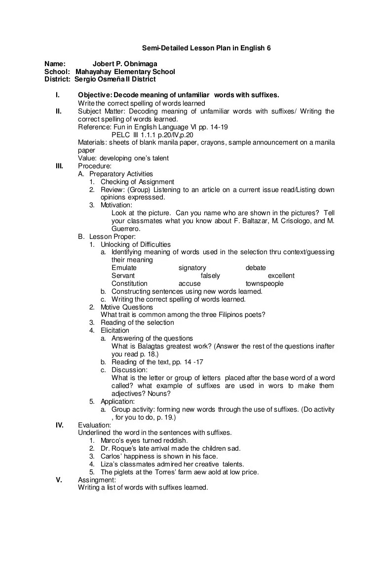 Lesson plan english 6 decoding meaning of unfamiliar words