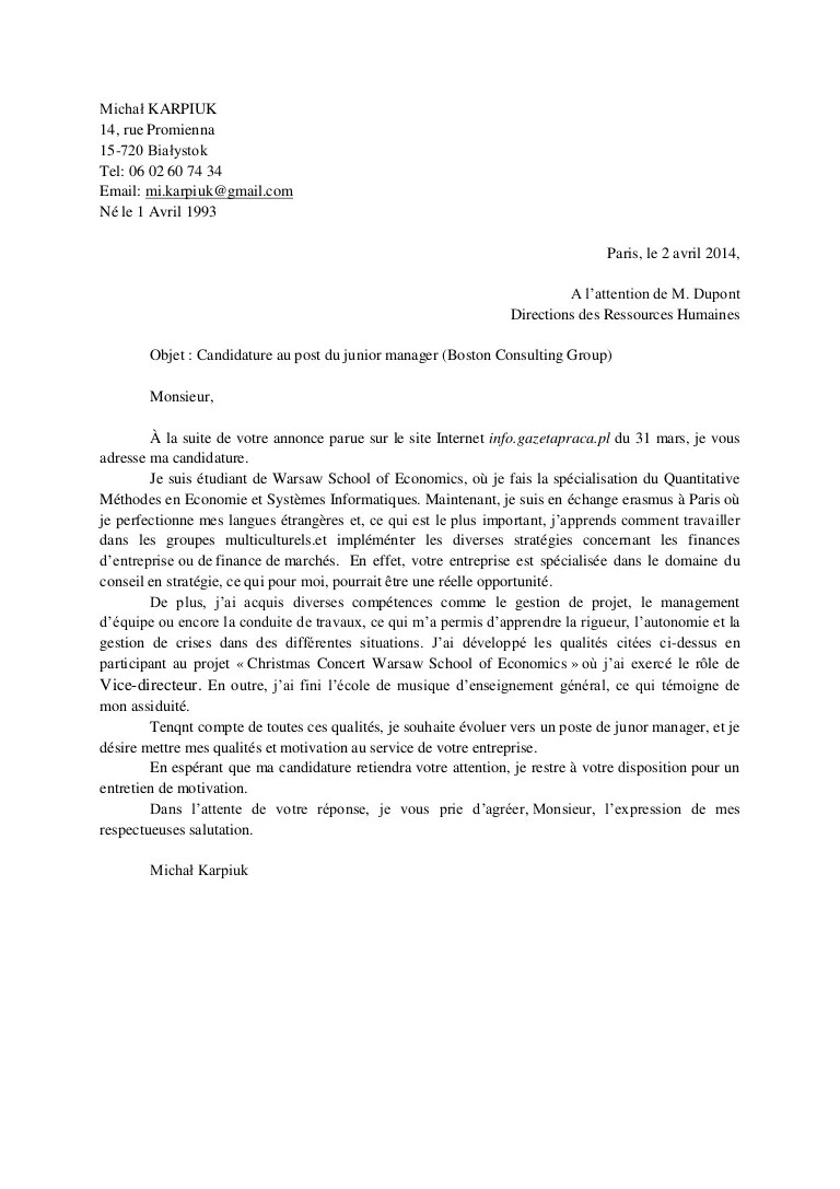 exemple lettre de motivation consultant