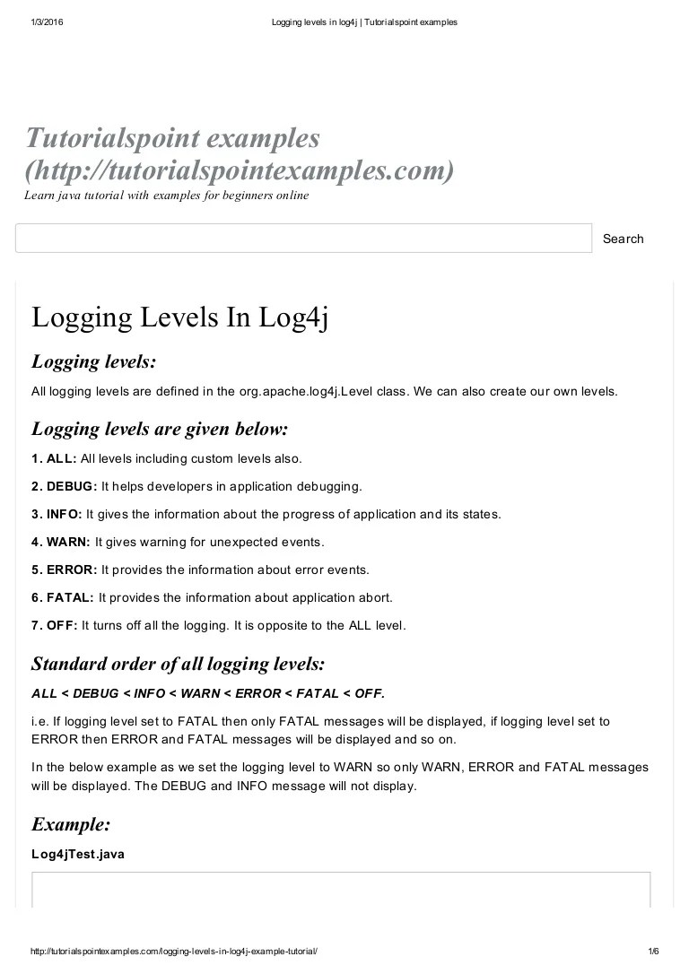 Logging levels in log4j tutorialspoint examples