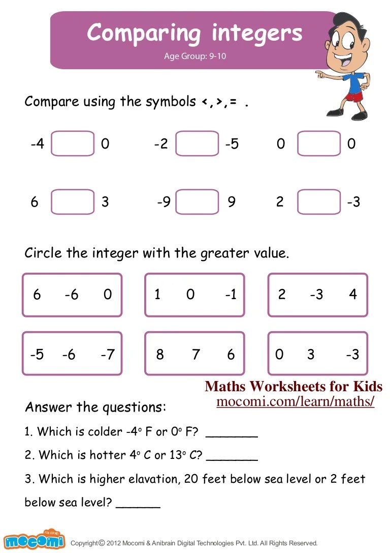 Comparing Integers Maths Worksheets for Kids