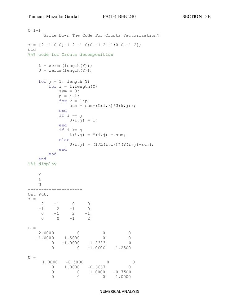 Matlab code for crout method