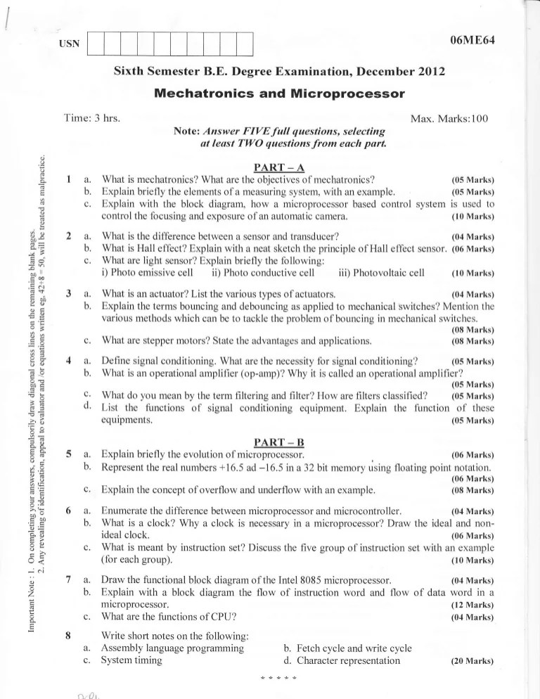 Mechatronics and microprocessor Question papers