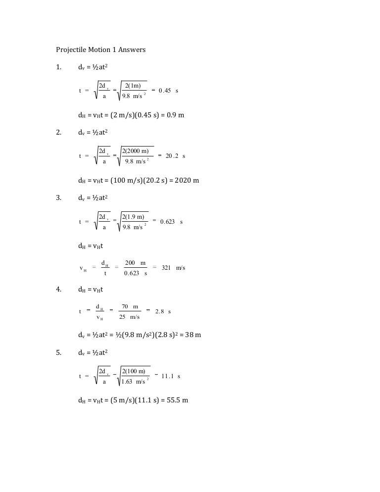 Projectile motion 1 answers