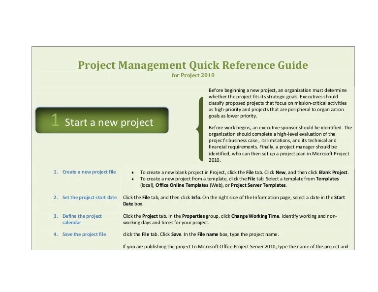 Quick Reference Guide for Microsoft Project 2010