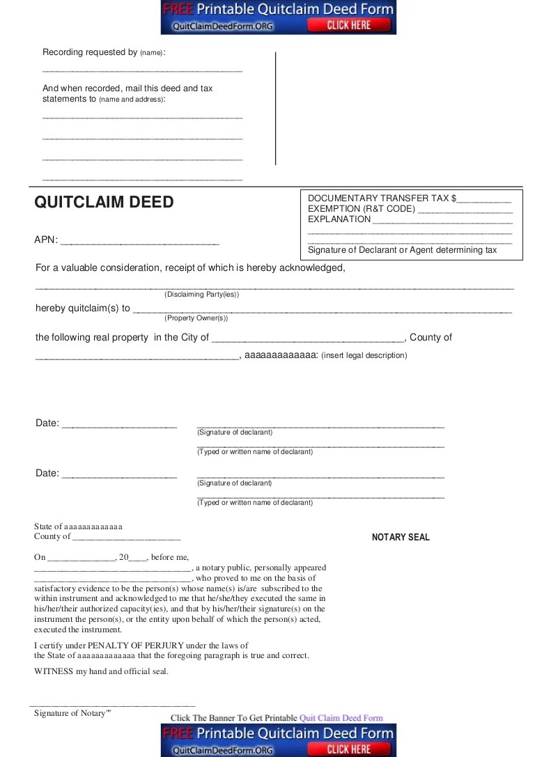 Free Quit Claim Deed Form PDF Sample