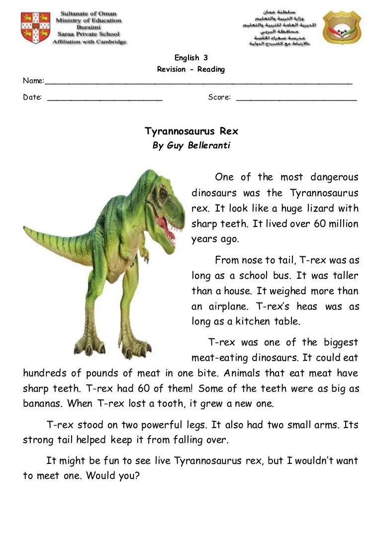 Reading worksheet Revision (Tyrannosaurus Rex)