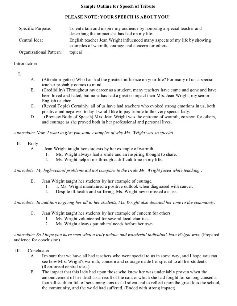 The first sample intro (later in the post) follows this strategy. Sample outline for speech of tribute