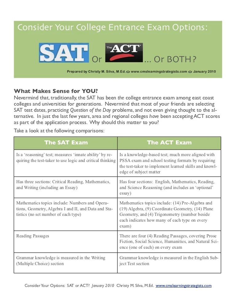 SAT versus ACT comparison chart