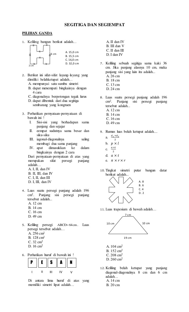 Soal Matematika Smp Kelas 7 Tentang Belah Ketupat