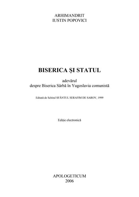 Sfantul Justin Popovici Biserica Si Statul