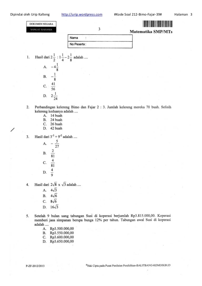 Soal UNMatematikaSMP 2013