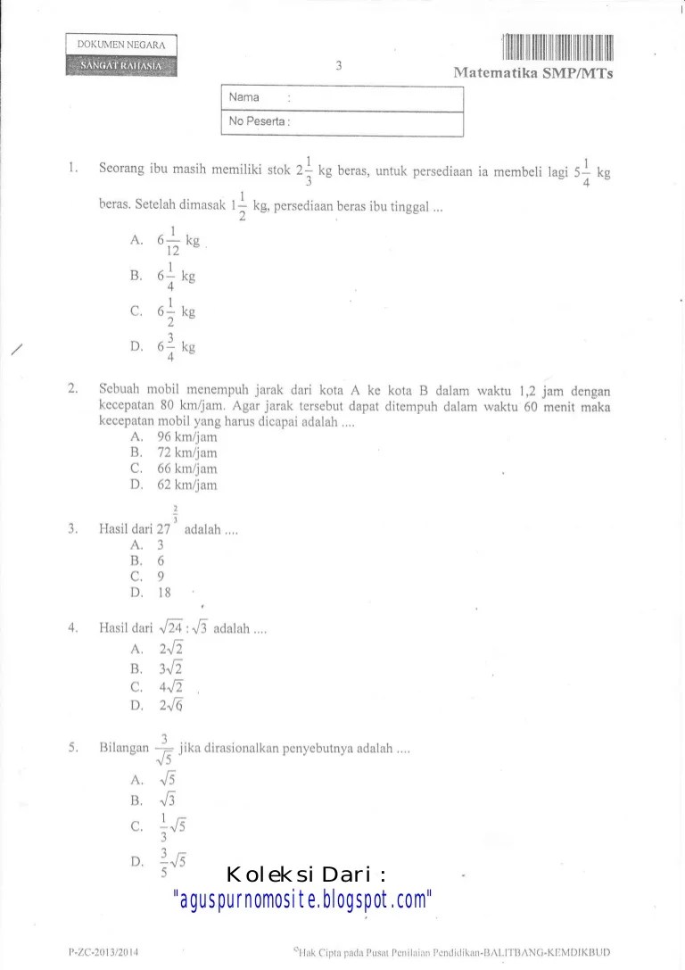 Soal un matematika smp 2014 paket 13