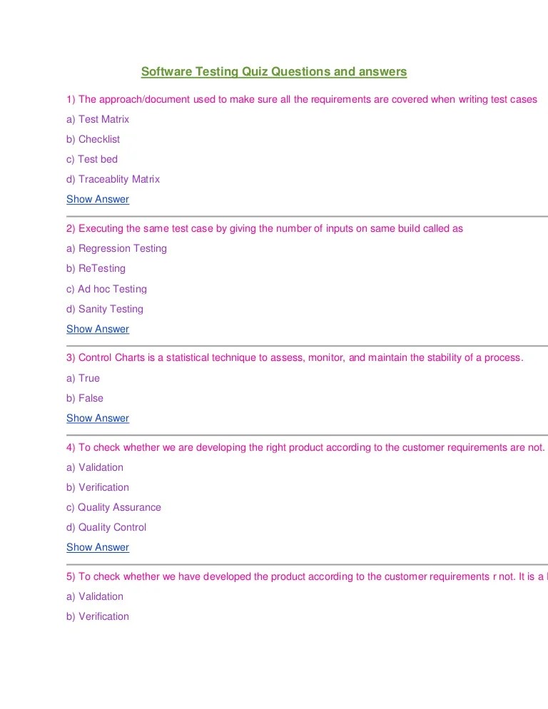 Software testing quiz questions and answers