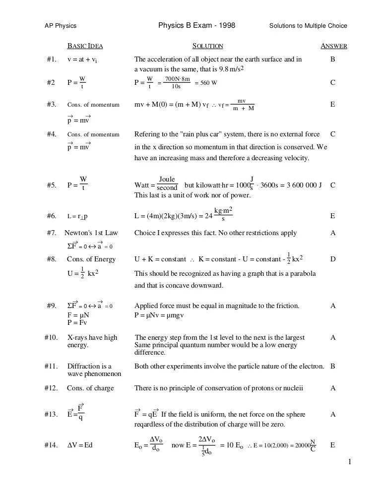 AP Physics B Test Exam Solutions