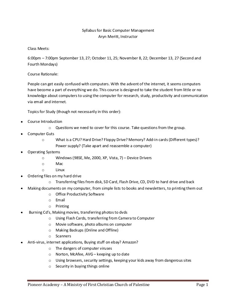Syllabus For Basic Computer Management