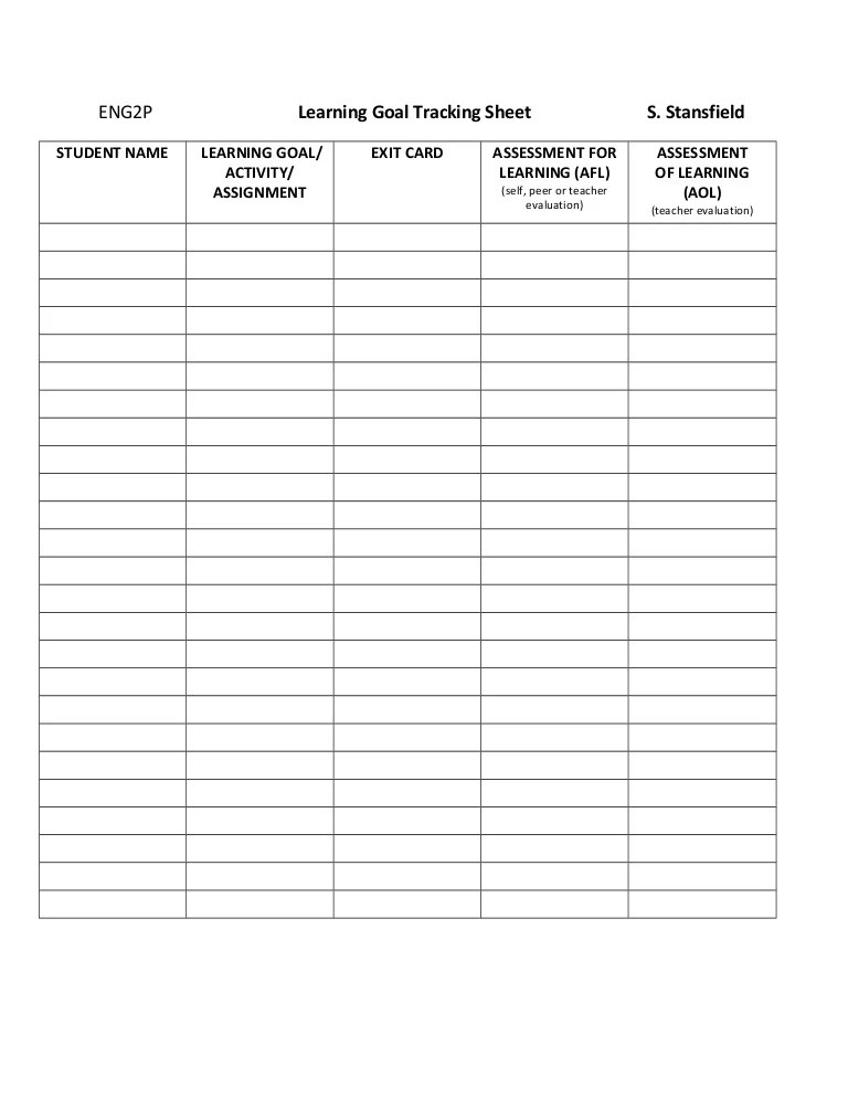 Teacher tracking sheet for learning goals