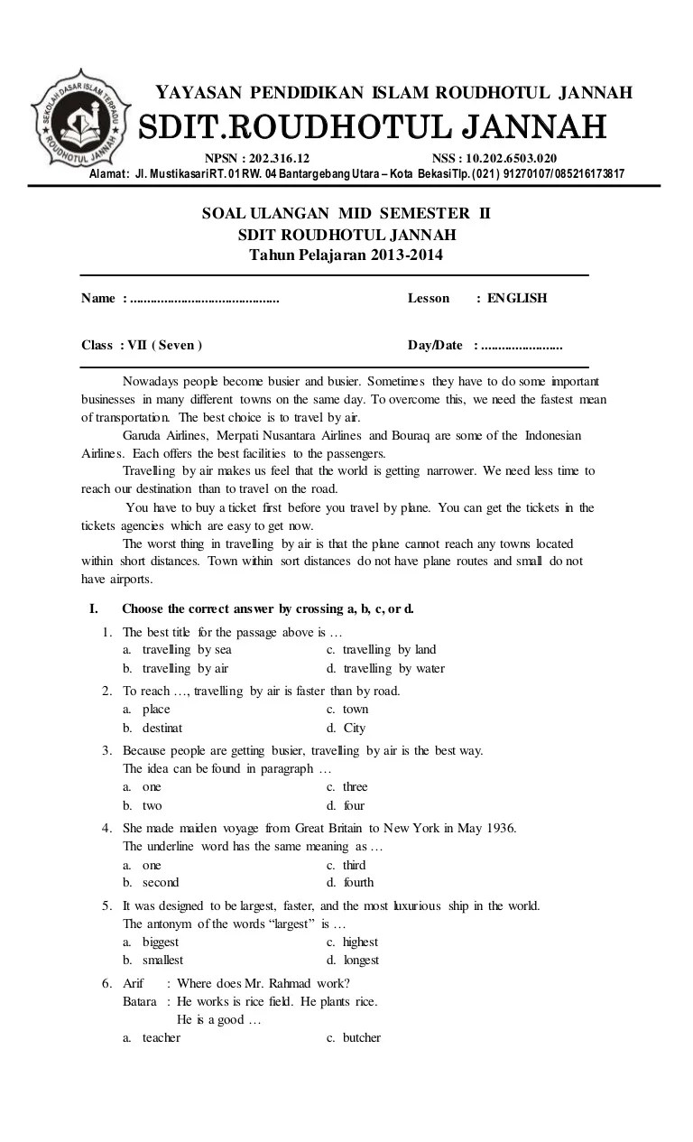 Soal mid semester ii 7b.inggris2013