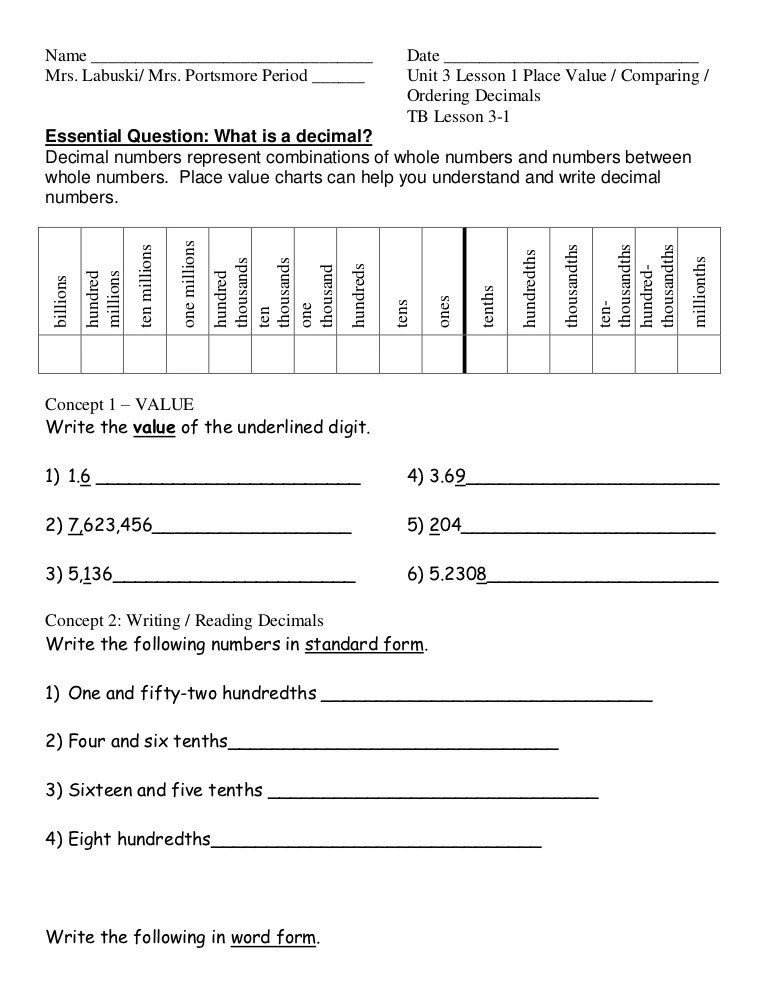 Unit 3 lesson 1 place value comparing ordering