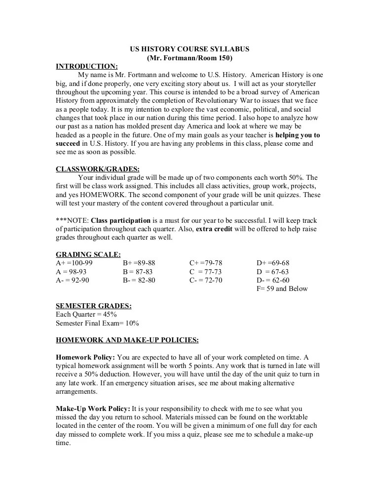 Us history course syllabus