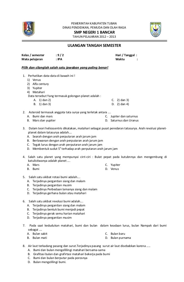 Soal Ulangan Tengah Semester (UTS) IPA (Fisika)SMP Kelas 9