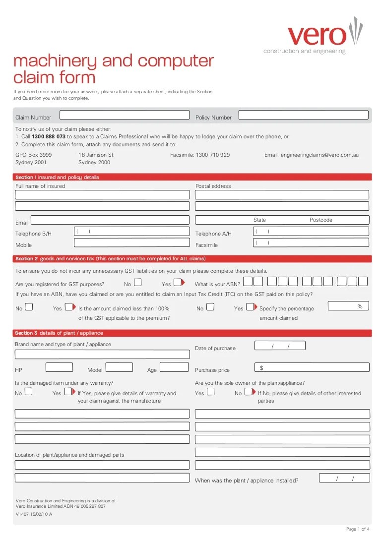 Vero Machinery Breakdown Claim Form
