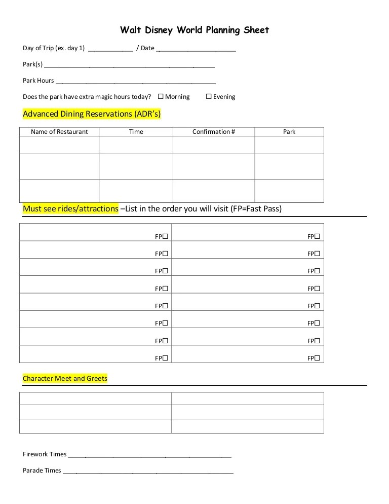 Walt disney world planning sheet
