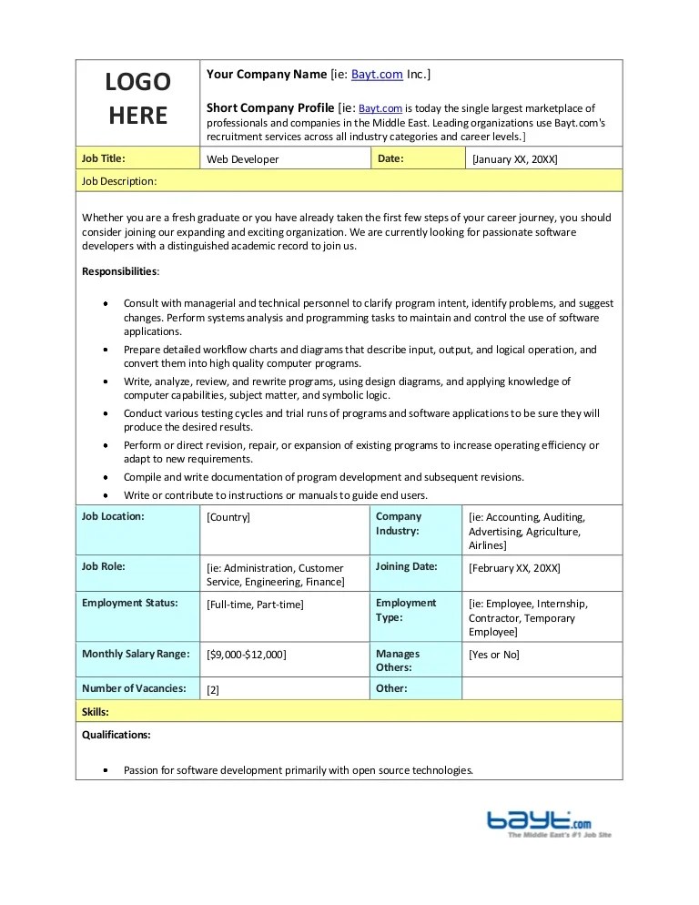 Web Developer Job Description Template by Web Developer Job Description Template by