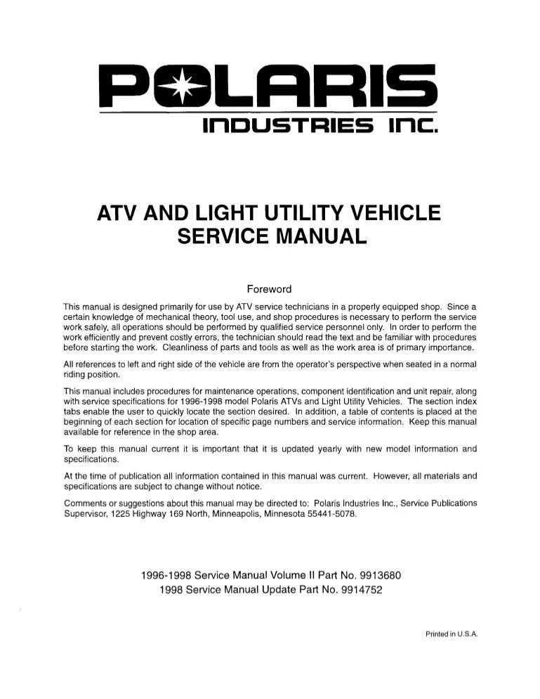DOWNLOAD Polaris ATV Service Manuals By Model & Year