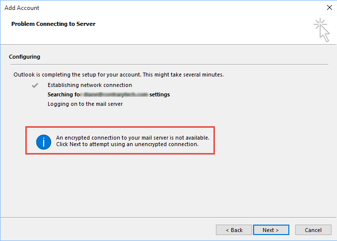 Outlook Auto Account Setup Encrypted Connection not available